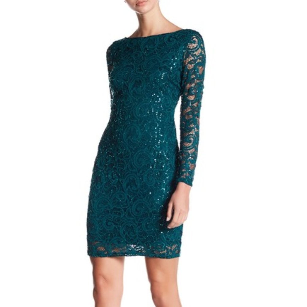 Marina Scoop Back Lace w Sequins Dress